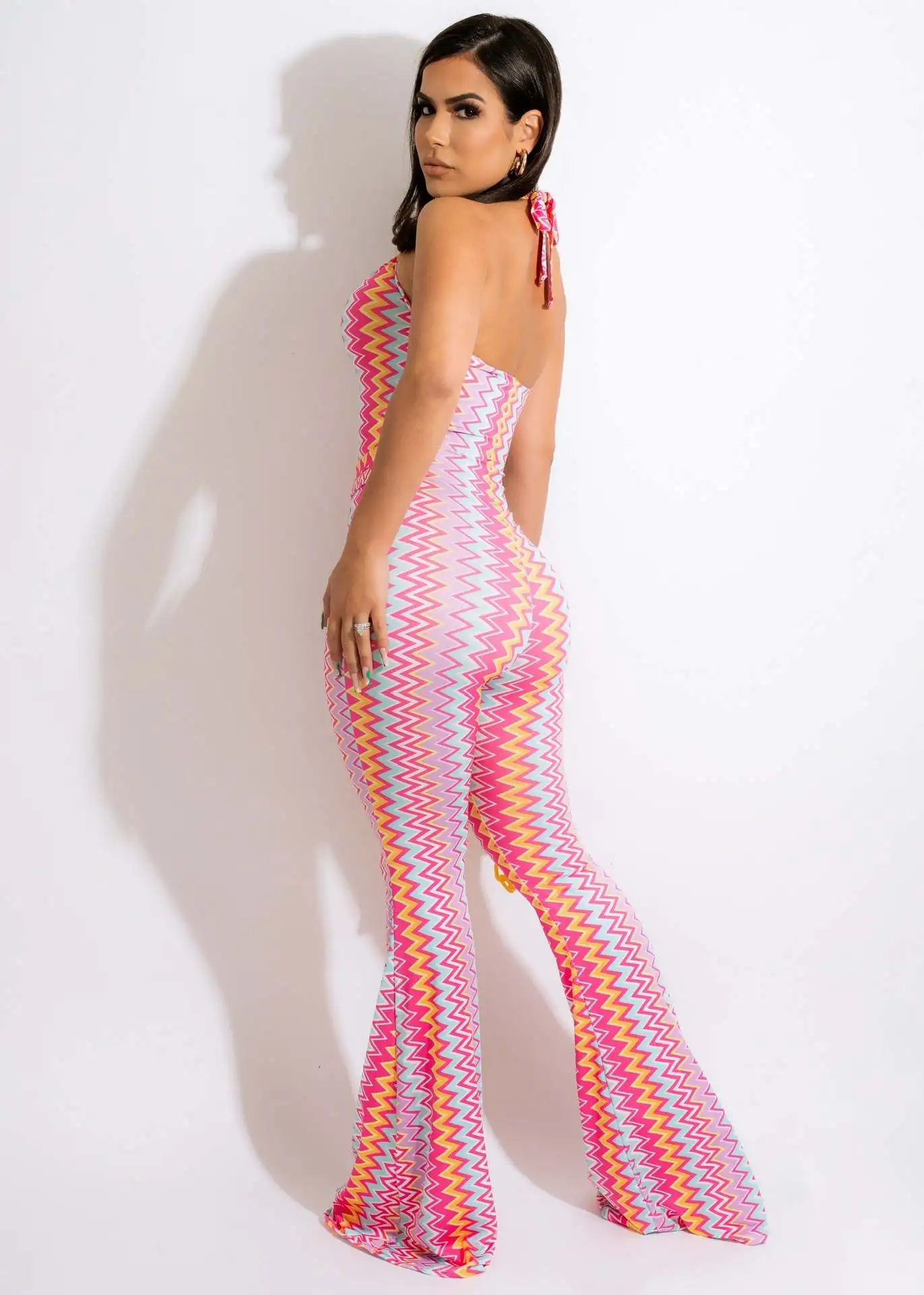 M7535 European and American  hot new hollow neck sexy tight wavy bell bottom printed  women jumpsuit