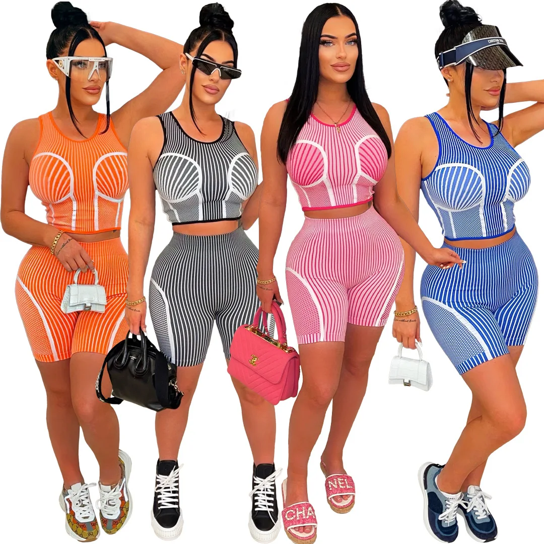 Women Fitness Outfits 2 Piece Tank Top Women Shorts Matching Set Ladies Shorts and Crop Top Striped Suit Biker Shorts Jogger Set