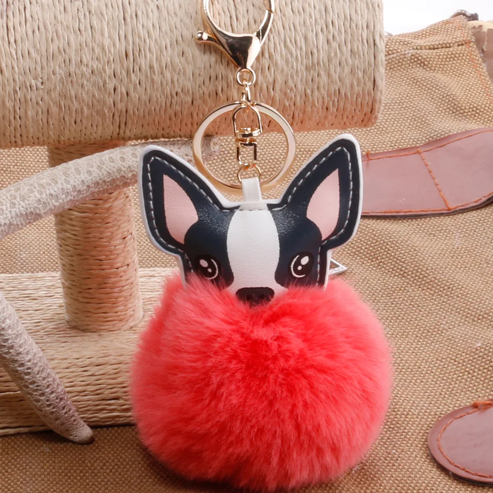 
Faux rabbit fur ball 2020 new arrivals leather dog pompoms cute key ring Plush Girl gift keychain 