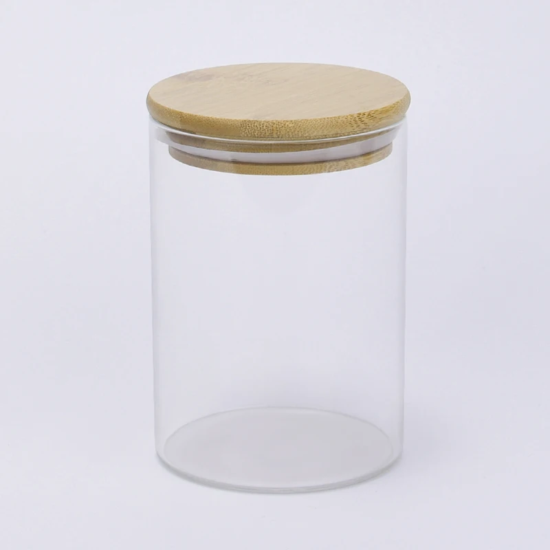 Wholesale round glass jars bamboo lid glass Food canisters used for Nuts Spice Candy Tea