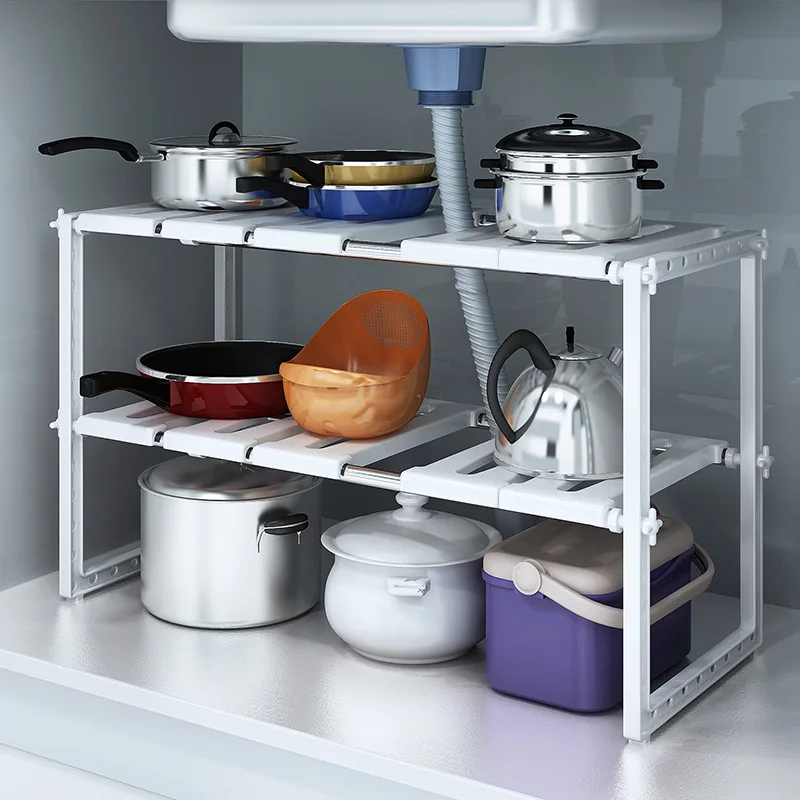 2-Tier Under Sink Expandable Adjustable Shelves Solid Plastic Frame for Sinks