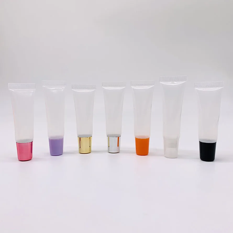Ready stock 8ml 10ml 15ml 18ml plastic glossy Lip Balm clear White Cap squeeze lip gloss tube packaging lip gloss lid tube