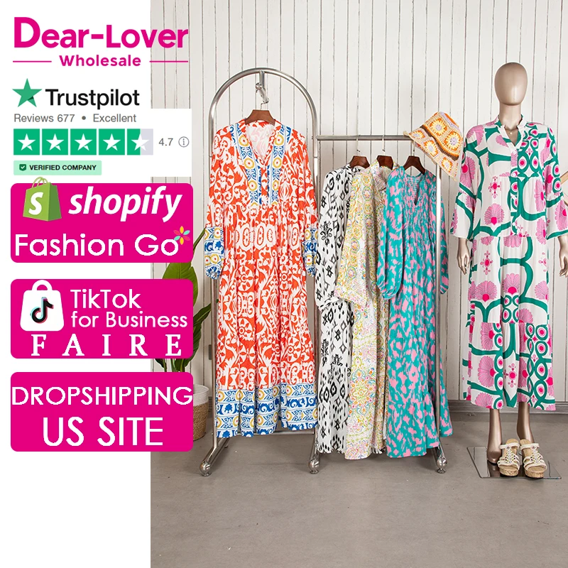 Dear-Lover Vestidos Casuales Pink Boho Floral Printed Long Sleeve Buttoned Loose Maxi Dresses Women