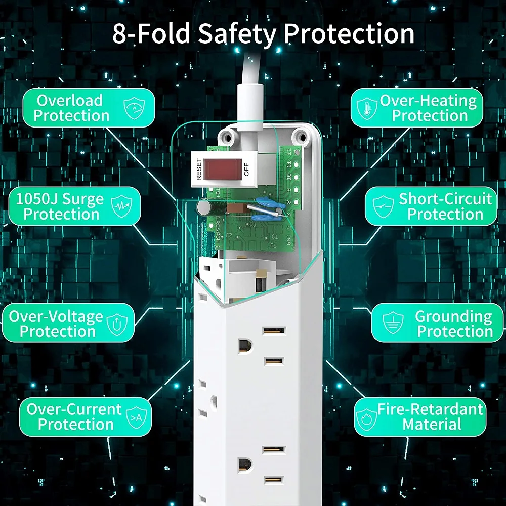 Us Fire-Retardant multi Protection Wide Spaced Outlets 45 Right Angled Flat Plug Mountable Extension Cord Power Strip