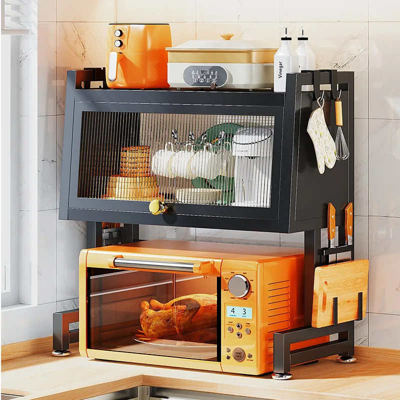 Two-layer Microwave Oven Rack Metal Kitchen Storage Cabinet with Door for Countertop Pot and Electrical Oven Storage Rack Double