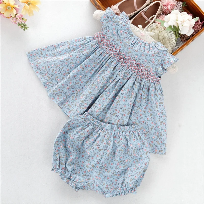 2 pcs set summer new arrival children clothes girls dresses smocked pink flower hand made embroidery cotton wholesale infant