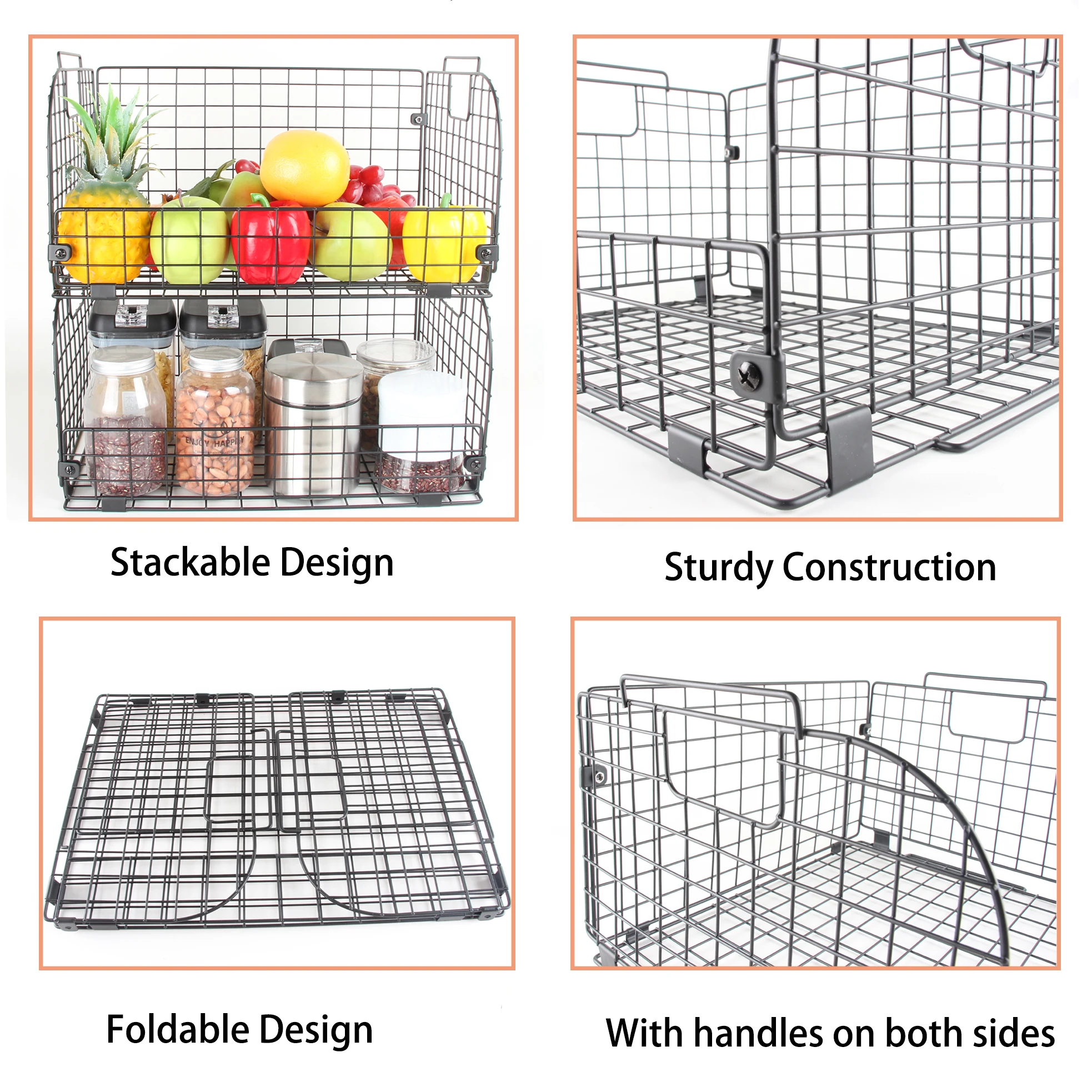Foldable Metal Stacking Open Front Vegetable Collapsible Stackable Black Iron Wire Fruit Storage Basket