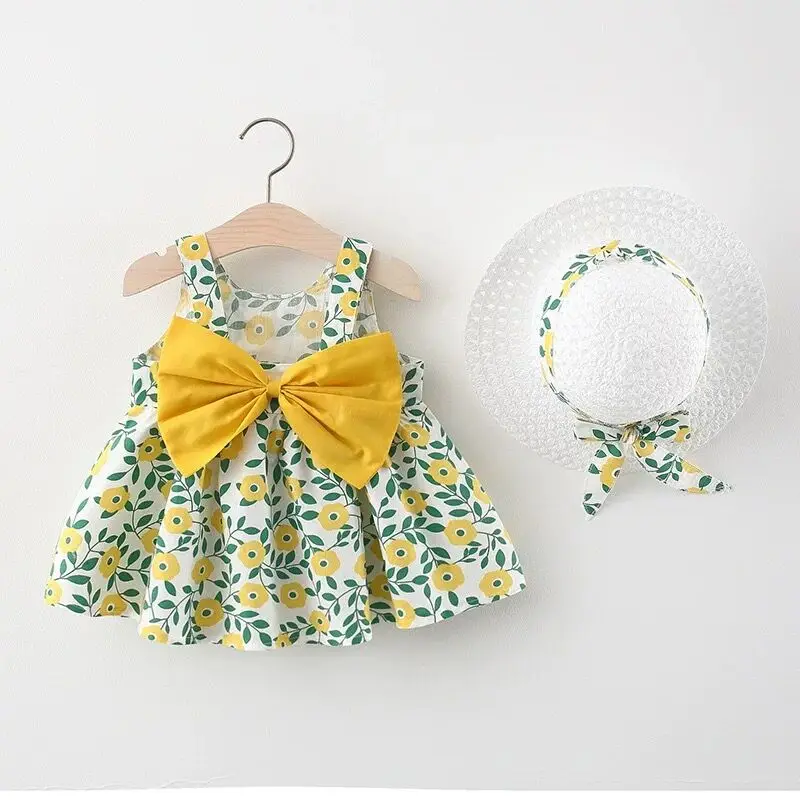 kids clothing bow knot girl dress summer baby dresses with hat