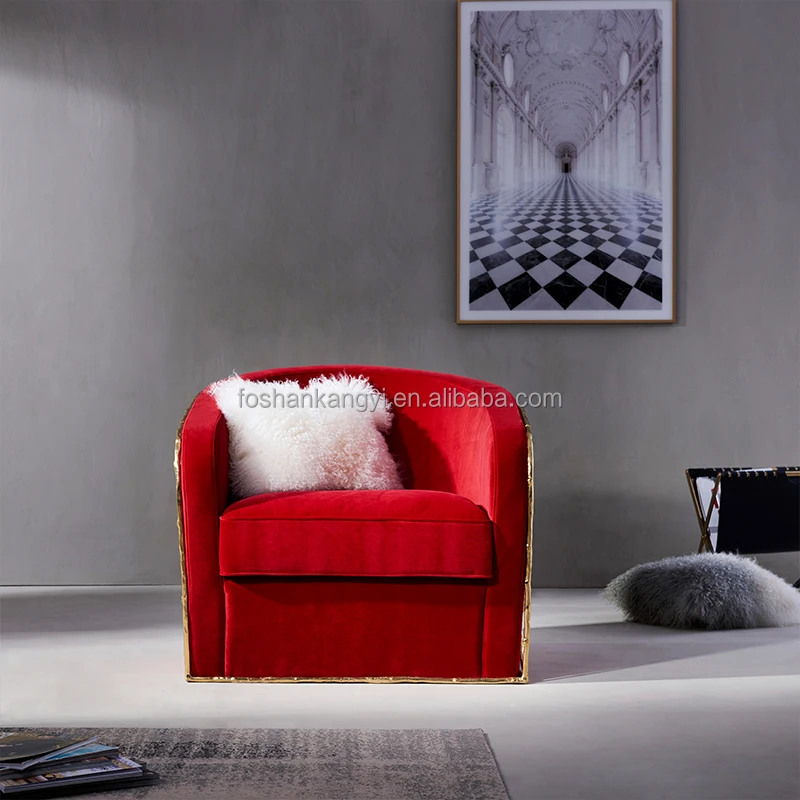 Kangyi Luxury design polished brass living room chairs & armchairs red velvet accent chair luxury leisure chair