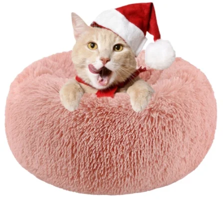 Round Plush Long Faux Fur Ultra Calming Cushion Cuddler Donut Pet Bed for Dogs and Cats Dog Beds Eco Friendly Luxury