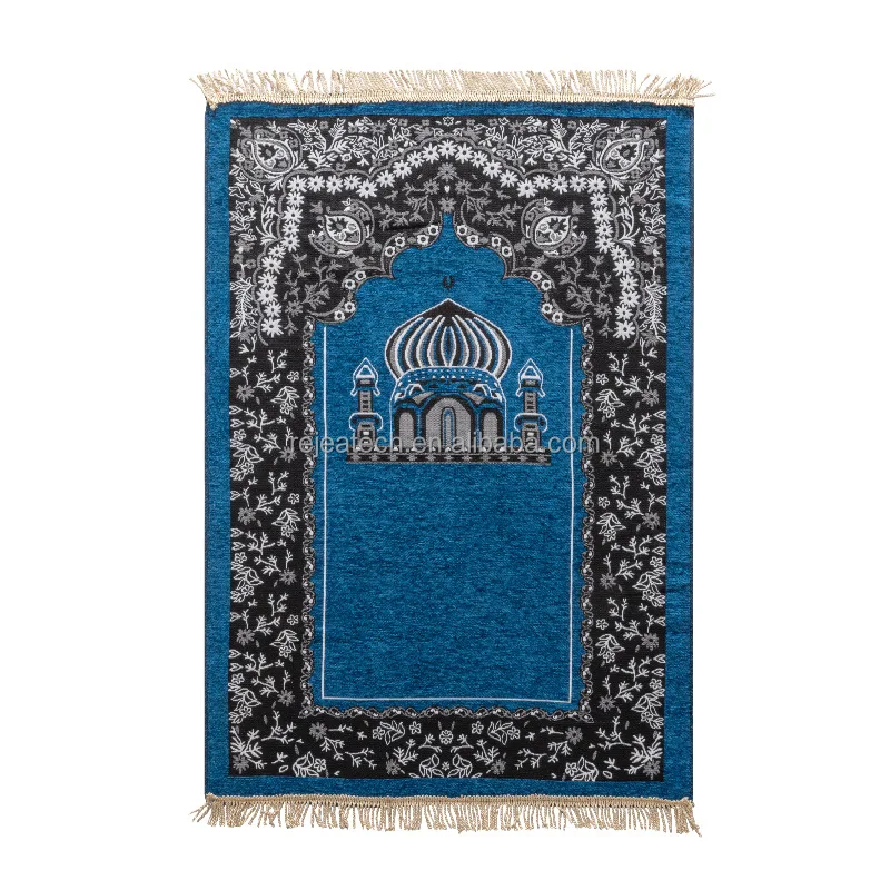 Wholesale Blue Hotel Printed Commercial Sajadah Muslim Prayer Mat with Beads Set for Adult Muslim Portable Travel