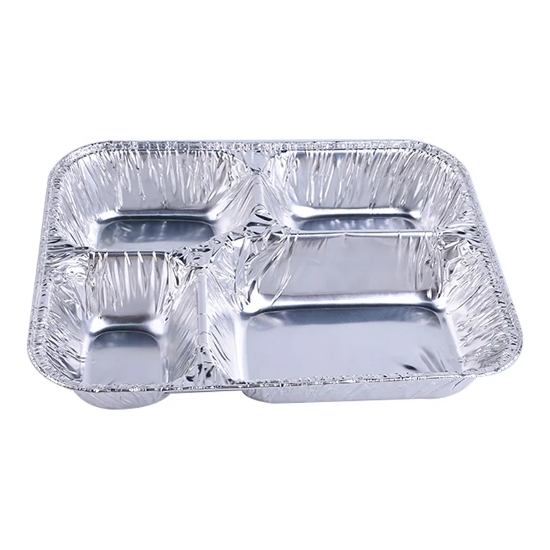 Takeaway 4 Compartment Divided Aluminum Foil Meal Box For Food Packaging Use In Restaurant