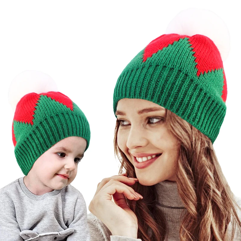 Mommy And Baby Winter Hats Two Pieces/Set Knitted Color Block Fashion Christmas Style Hats