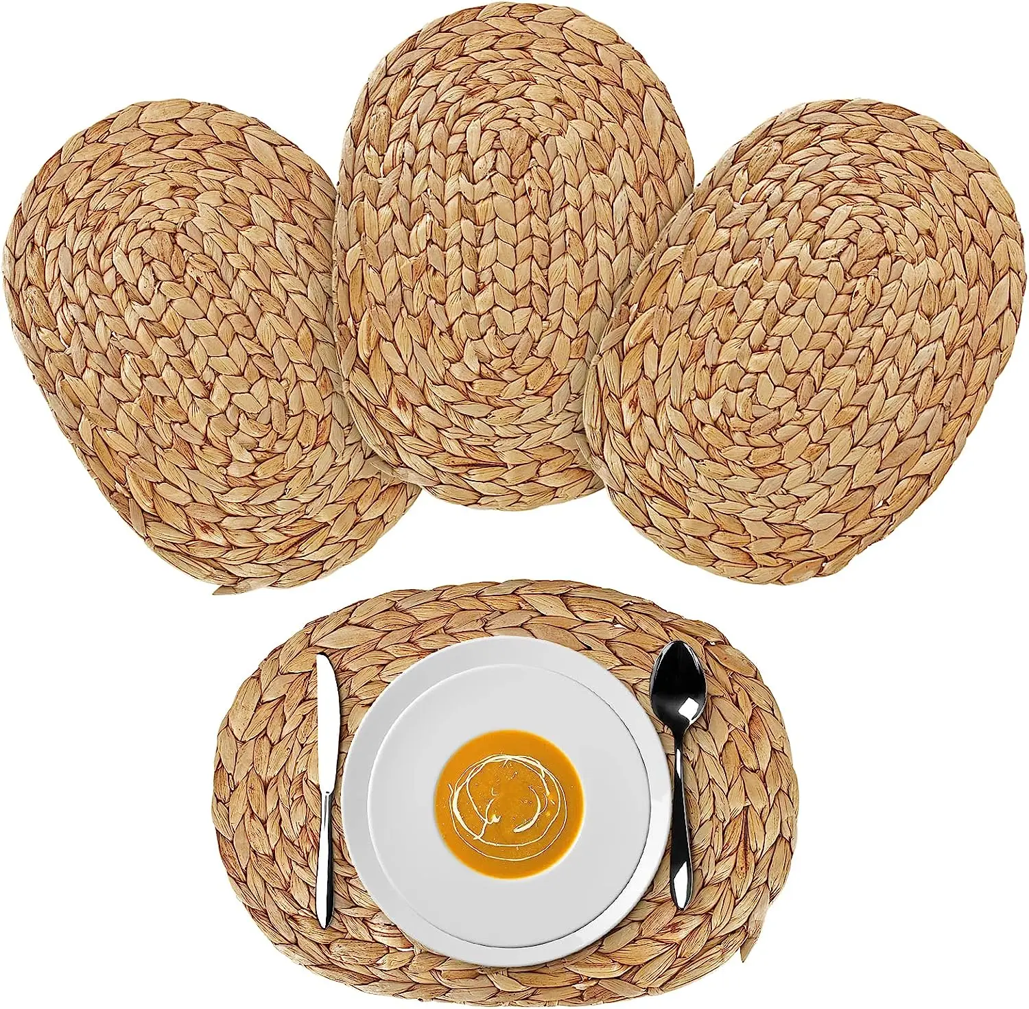 Oval Rattan Placemats Water Hyacinth Woven Place Mat Heat Resistant Table Mats Rustic Seagrass Placemats for Countertop