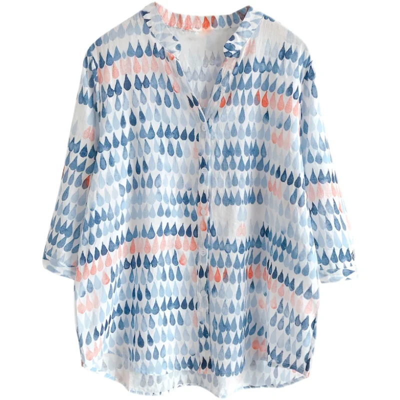 Summer Linen Cotton Blusa Feminina Colorful Printed Water Drops Stand Collar Three Quarter Sleeve Shirt Pretty WomenS Blouse
