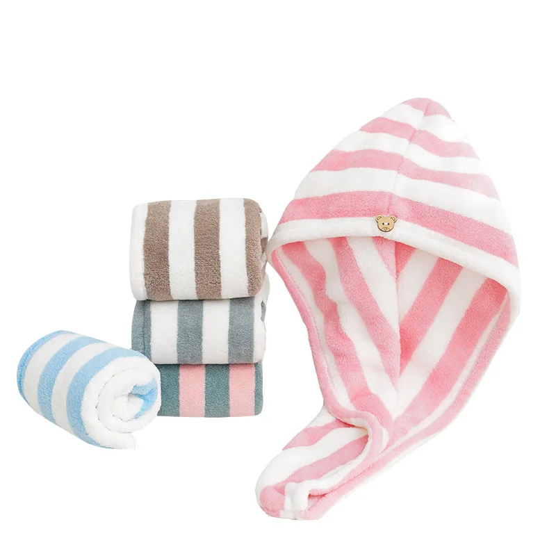 Coral velvet hair hat cute bag turban absorbent quick-drying striped shower hat