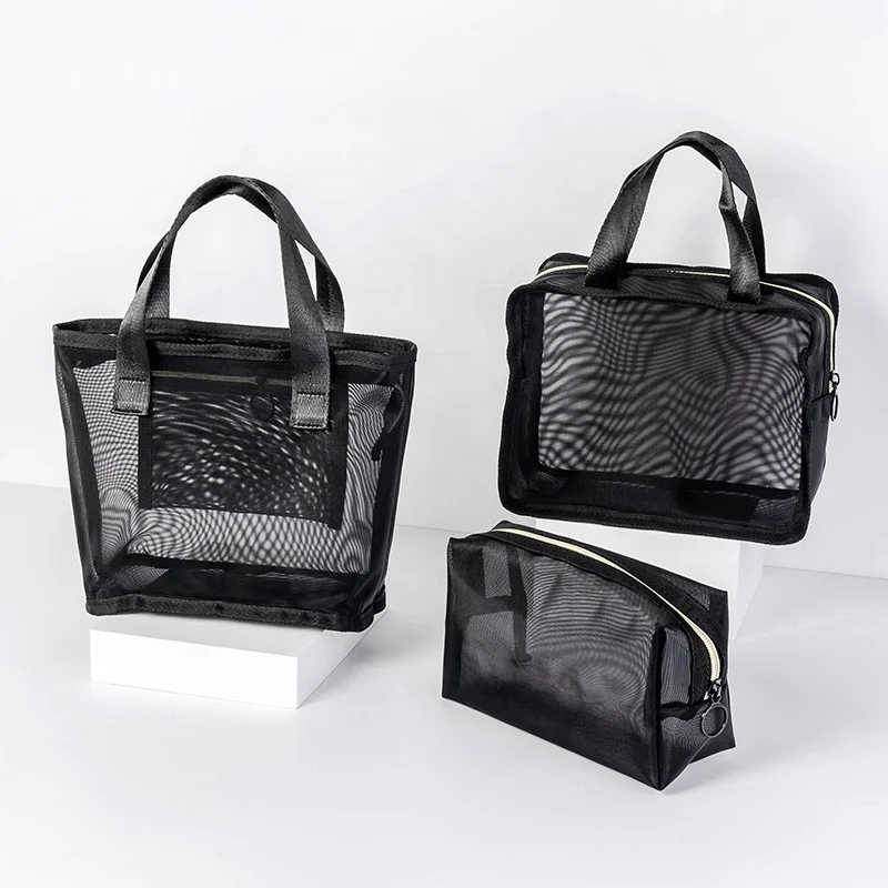 Factory Wholesale Black Mesh Makeup Pouch Organizer Travel Wash Bag Beach Round Toiletry Bag Net Bathroom Mesh Cosmetic Bag