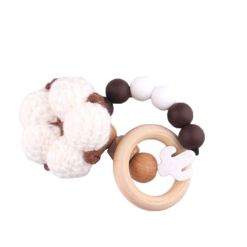 New Design Infant Silicone Wooden Teether Rings Baby Crochet Rattle Teething Bracelet Chewing Toys for Baby Shower Birthday Gift
