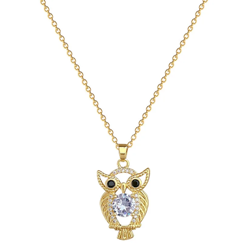 Trendy Gold Plated Stainless Steel Crystal Diamond Shining Owl Pendant Necklace Titanium steel Jewelry for Women Girls