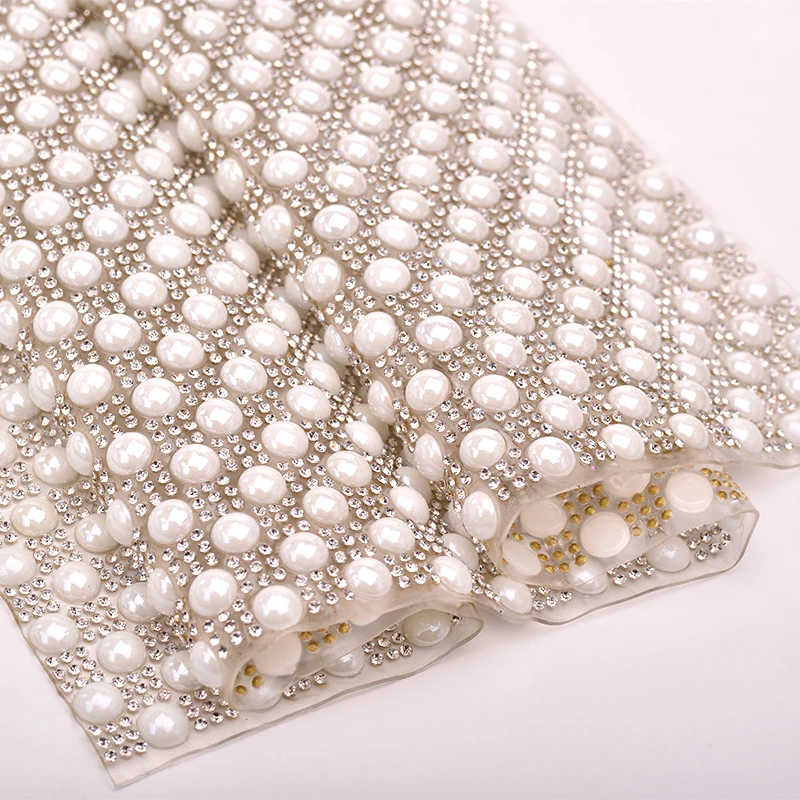 Hotfix Clear White Pearl Rhinestones Trim Mesh Glass Crystal Fabric Applique Strass Ribbon Band for Dress DIY Crafts
