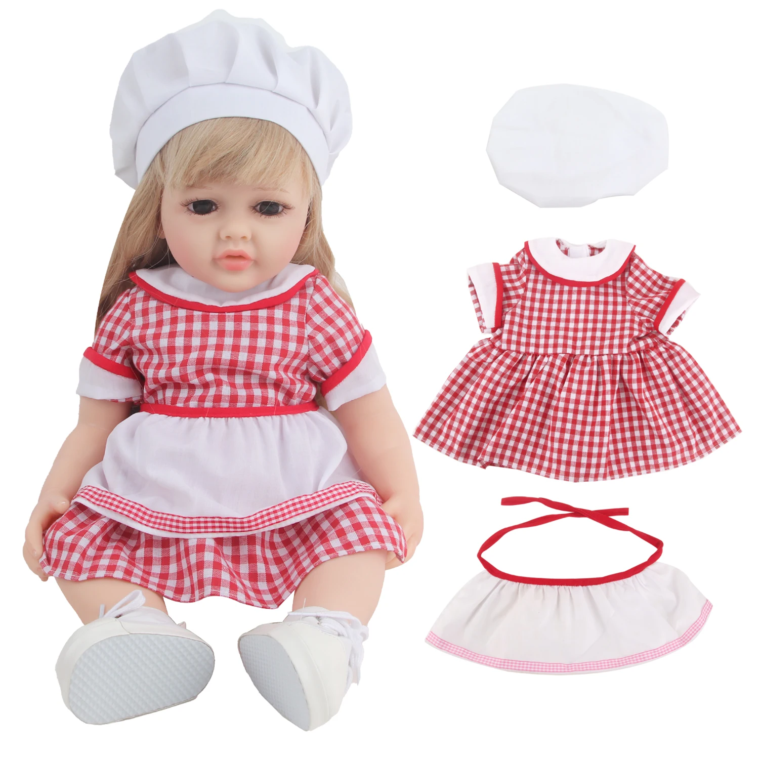 Hot selling 22 inch doll clothing, 55cm cute doll plaid skirt, beautiful set doll small chef set fashion role-playing props