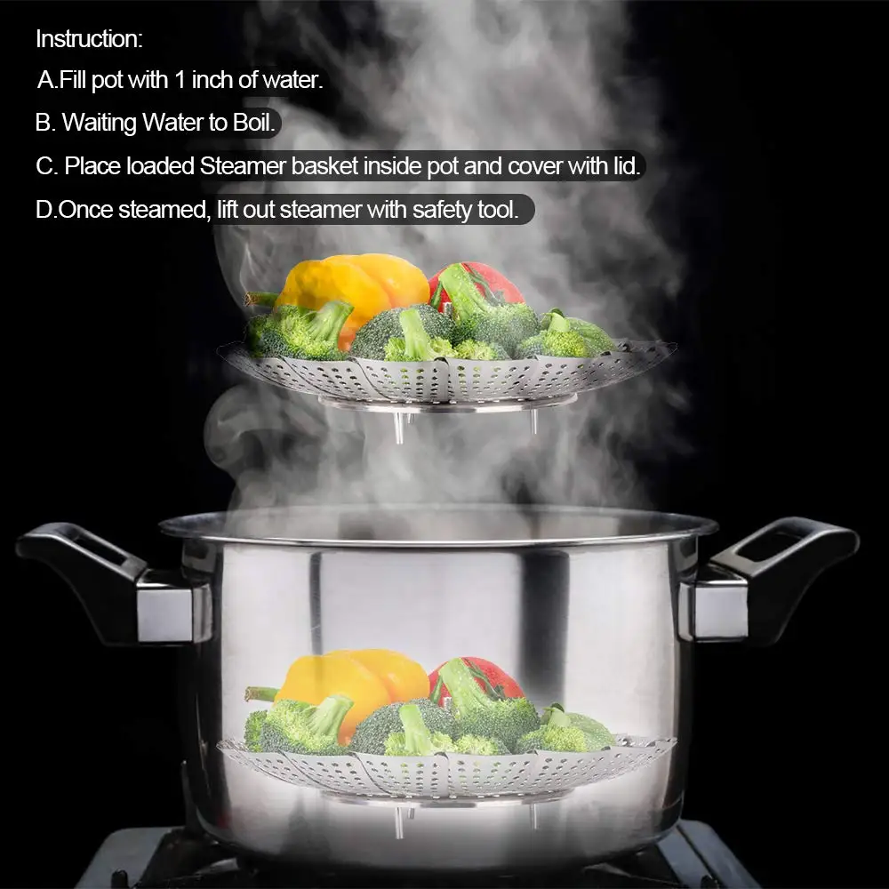 High Quality Kitchen Gadgets Stainless Steel Folding Food Basket Steamer pressure cooker accessories
