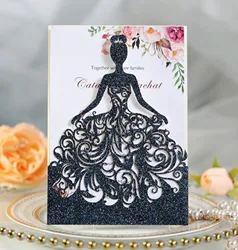 Custom Glitter Laser Cut Luxury Bride Wedding Invitations with Ribbon and Envelopes Greeting Card Set
