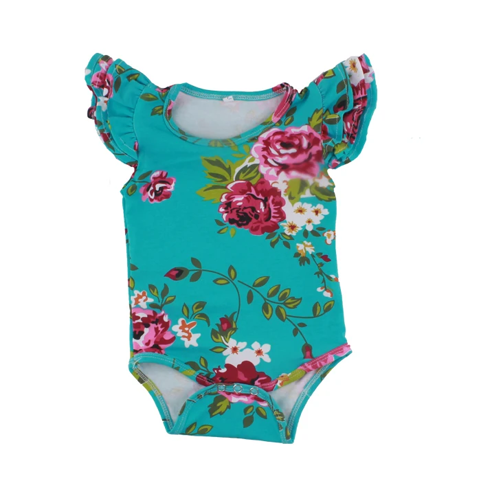 Wholesale Newborn Clothes Colorful Floral Short Sleeve Plain  Baby Flutter Sleeves Romper with Headbands