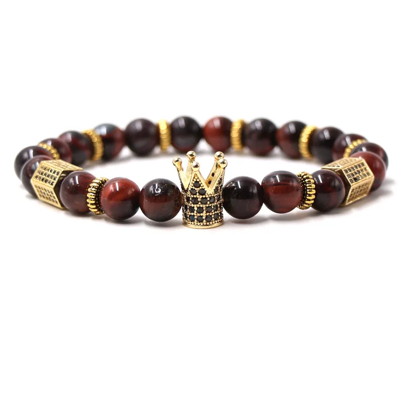 Classic Micro Pave CZ Crown Charm Bracelet For Women Natural Tiger eye Howlite Stone Bracelet For Men Gift Jewelry