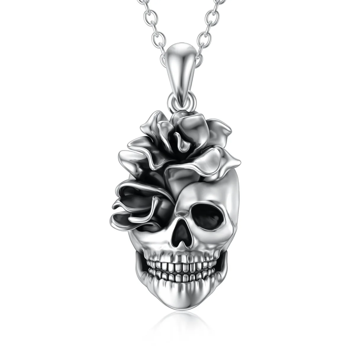 Hot Sale Gothic Jewelry For Men Women 925 Sterling Silver Oxidized Rose & Skull Pendant Necklace