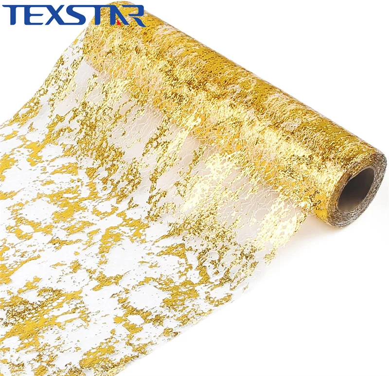 11inch Polyester Metallic Gold Mesh Roll for Table Runner Roll Table Decorations for Wedding, Birthday, Banquet, Christmas