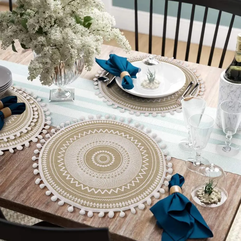 2022 Tabletex Printing  Jute Placemats with Pompom Table Mat Round Place Mat Set