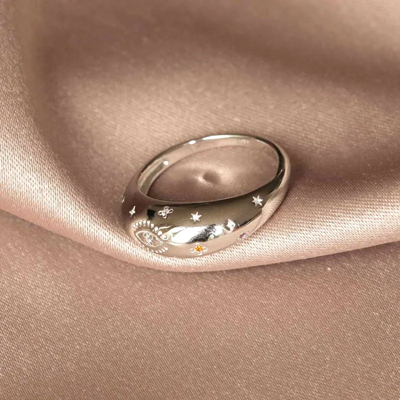 Wedding jewelry 18k gold plated star turkish evil eye engraved cubic zircon 925 sterling silver croissant ring jewelry for girl