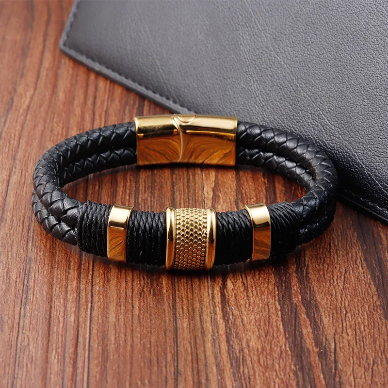 Alin Fashion Mens Braided Bracelet Black Genuine Leather Bracelet With Stainless Steel Clasp Wristband Bracelet For Men