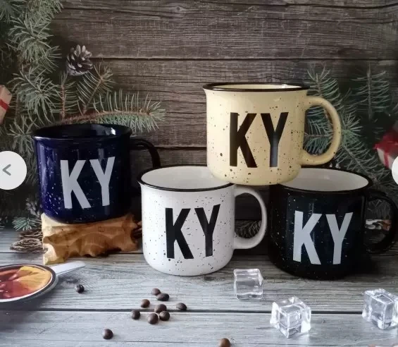 Custom Printing Logo Classic 15oz Vintage Speckled Camping Cup Ceramic Campfire Coffee Mugs