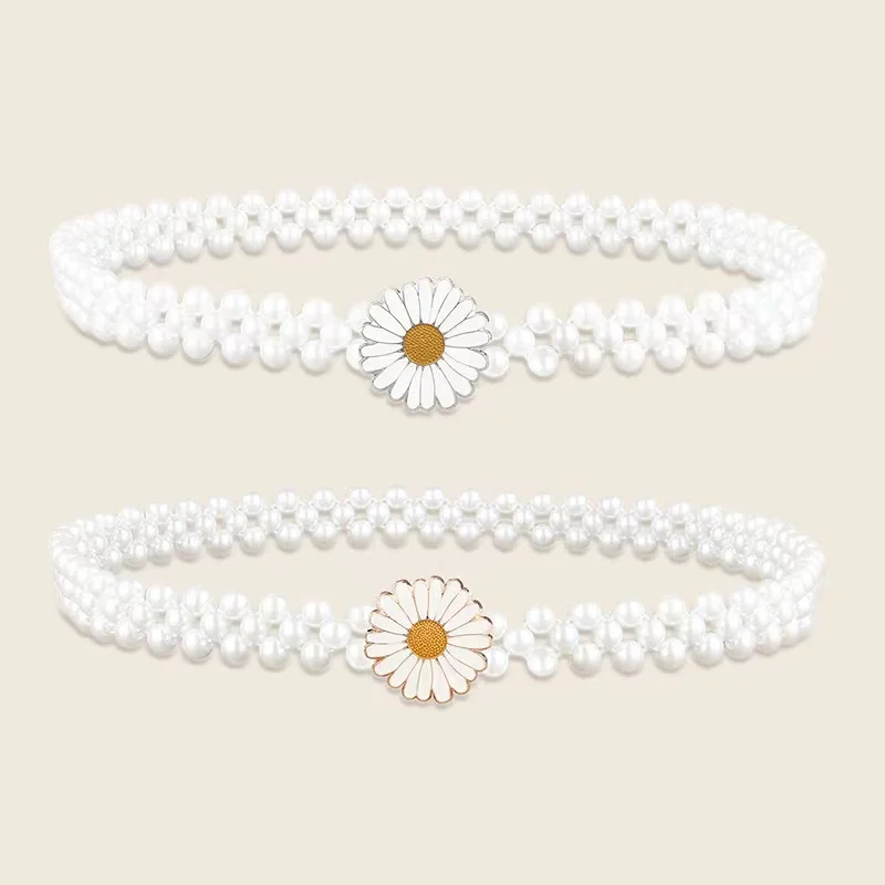 Vintage pearl elastic waist chain with skirt small daisy decorated pearl belt for women