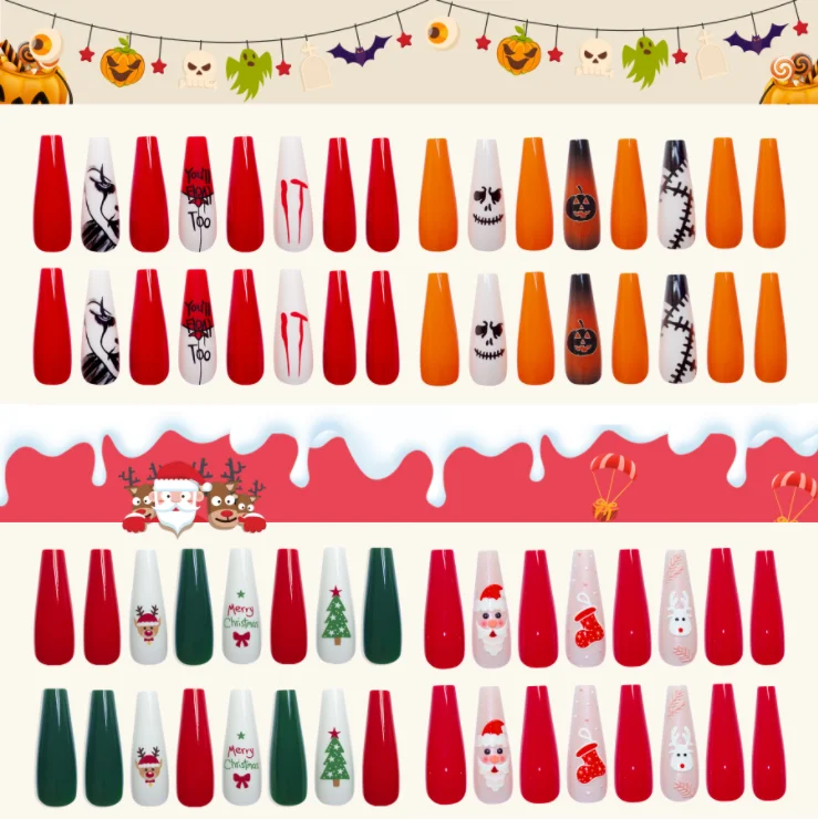 Wholesale 12 Design Halloween Horror Festival Christmas Snowman Christmas Wear False Nail Art Tips
