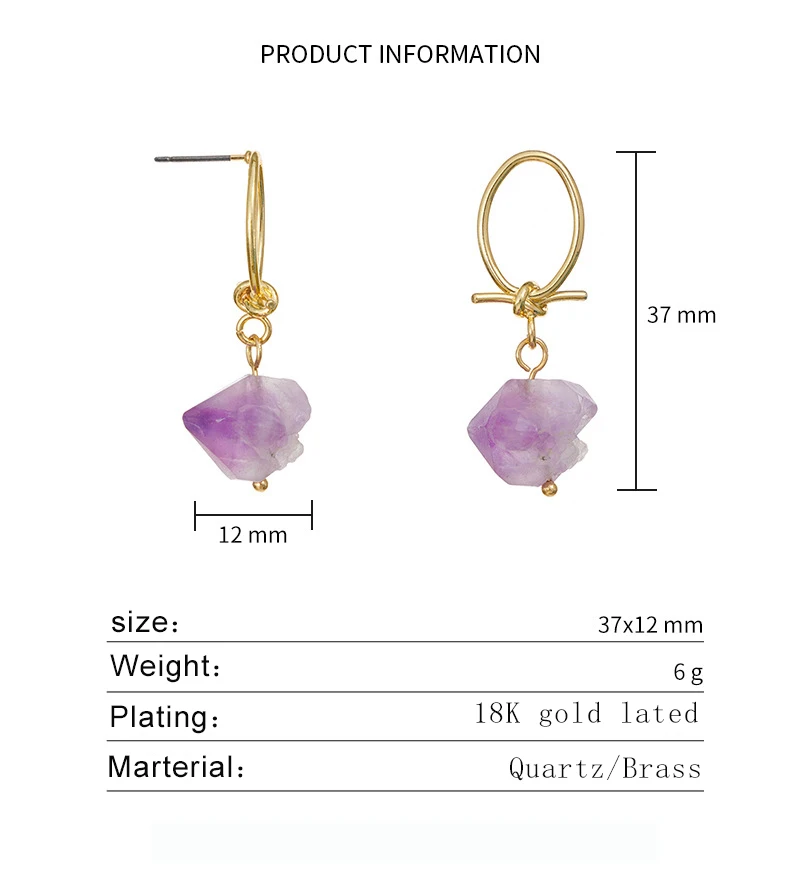 2023 ins jewelry Amethyst quartz rose quartz Raw Hoop Earrings Genuine Rough Gemstone chips Crystal Healing earrings