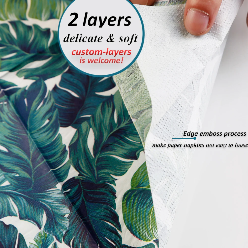 Eco-Friendly Food Grade 3-Ply Disposable Paper Napkin Unbleached with Green Leaf Print for Lunch and Dinner-by Manufacturers