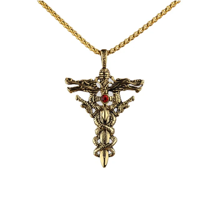 Creative Double Dragons Sword Pendant Necklace for Men Antique Silver Cross  Titanium Steel Necklaces Party Jewelry