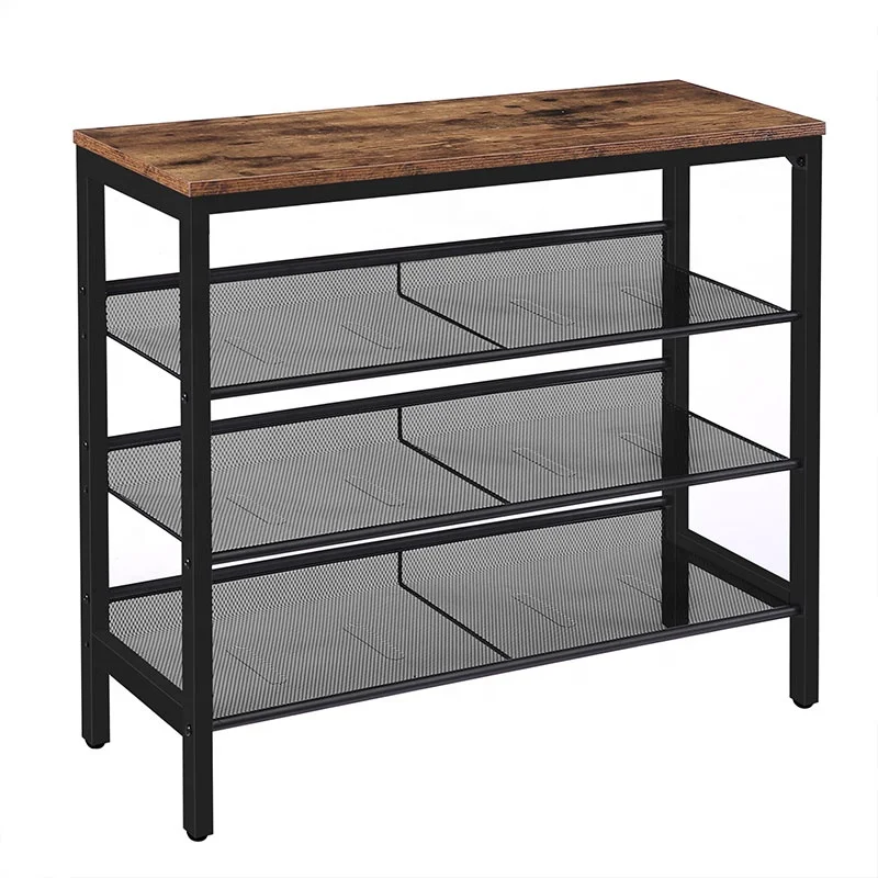 4-Tier Industrial Shoe Shelf, Storage Organizer Unit with 3 Mesh Shelves, Wood Look Accent Shoe Rack with Metal Frame