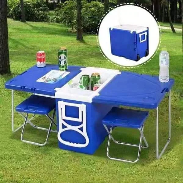 
Hot-sale Outdoor 28L portable camping cooler box set foldable function with table and stool and wheel 