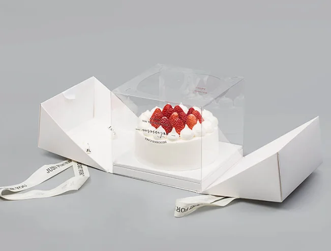 Luxury Front Clear Window Gift Box Custom Rigid Cardboard Baking Packaging Mini Cake Box With Ribbon Handle