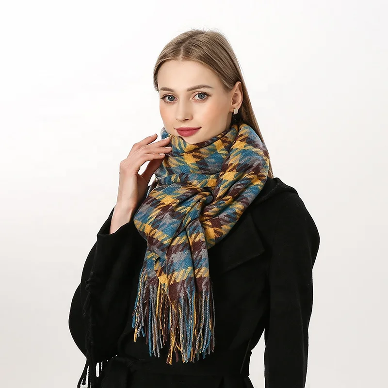 Wholesale Manufacturer Long Thick Scarf Best Skin Friendly 200*70cm Lattice Shawls Polyester Colorful Plaid Scarfs With Tassel