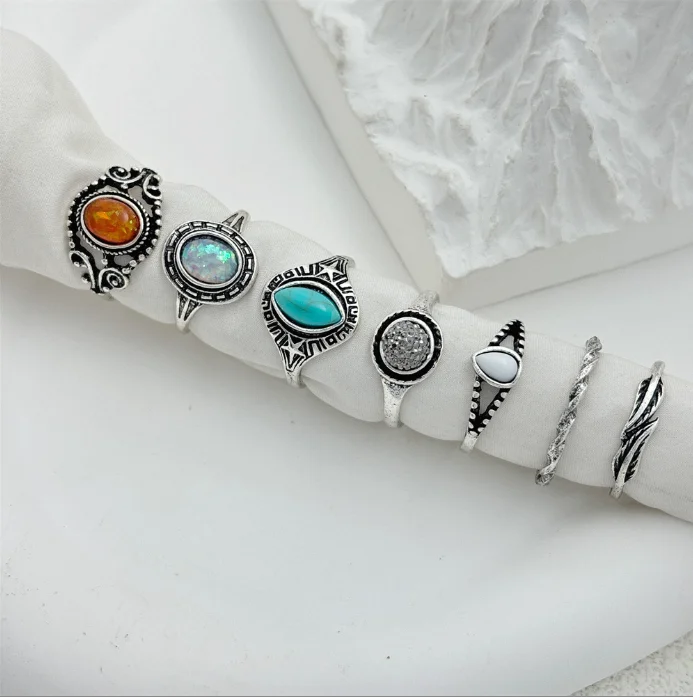 Best-selling 7 Sets Of Gold And Silver Sacred Geometric Pattern Colored Gemstone Ring Retro Fashion Ring Ring Set For Women