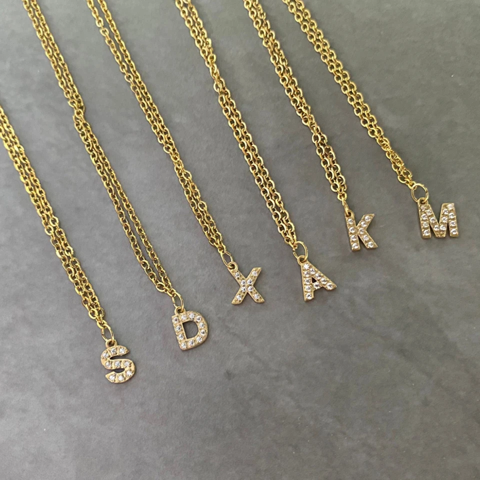 High Quality Tarnish Free Stainless Steel  a-z 26 Diamond Letter Pendant Alphabet  Initial Necklace Snake Chain Women Jewelry