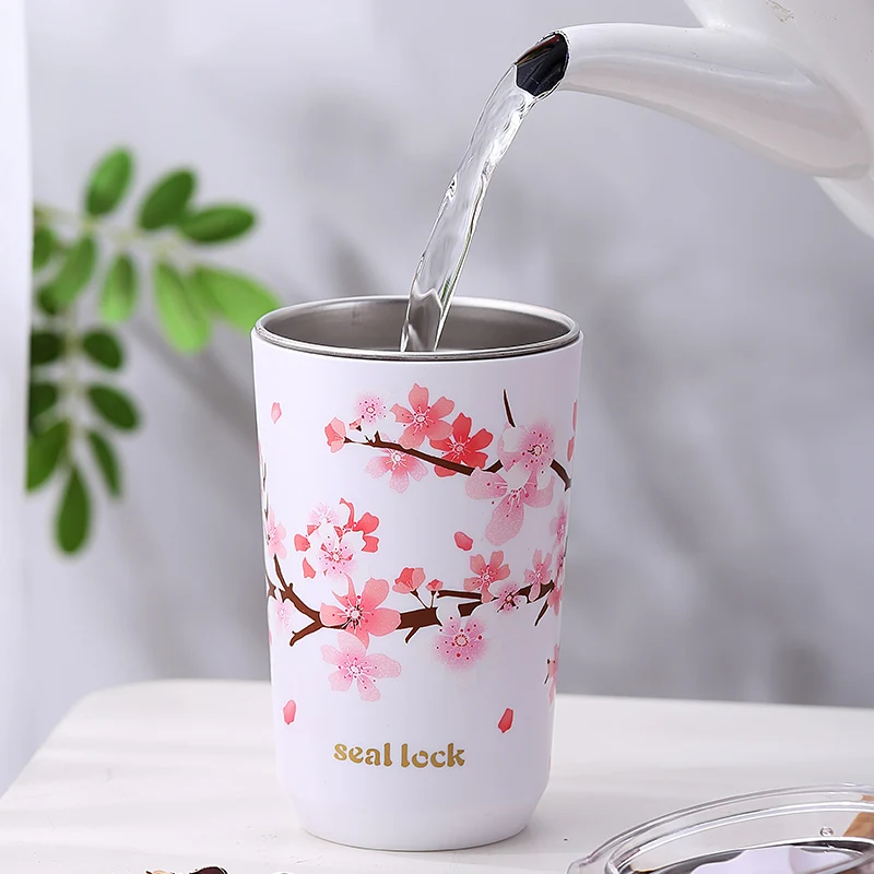 Кружка LULA Japanese Cherry Blossom кружка для путешествий кофейная чашка из нержавеющей стали с пластиковой крышкой и соломой в подарок