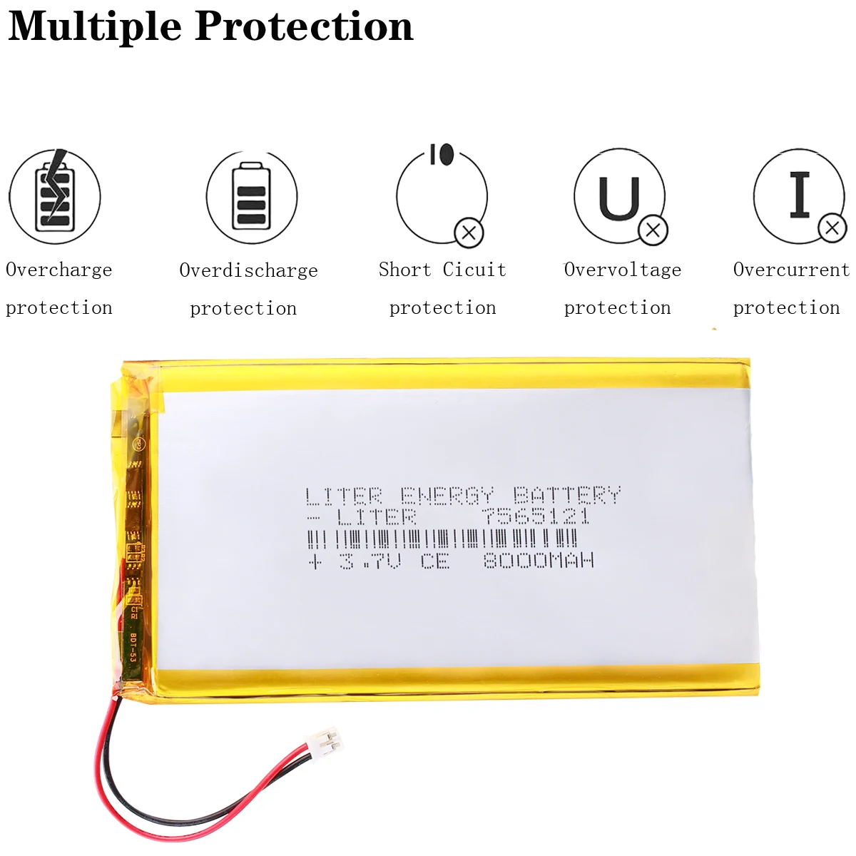 3.7v 7565121 8000mah lithium polymer battery for power bank With 2pin PH 2.0mm connector