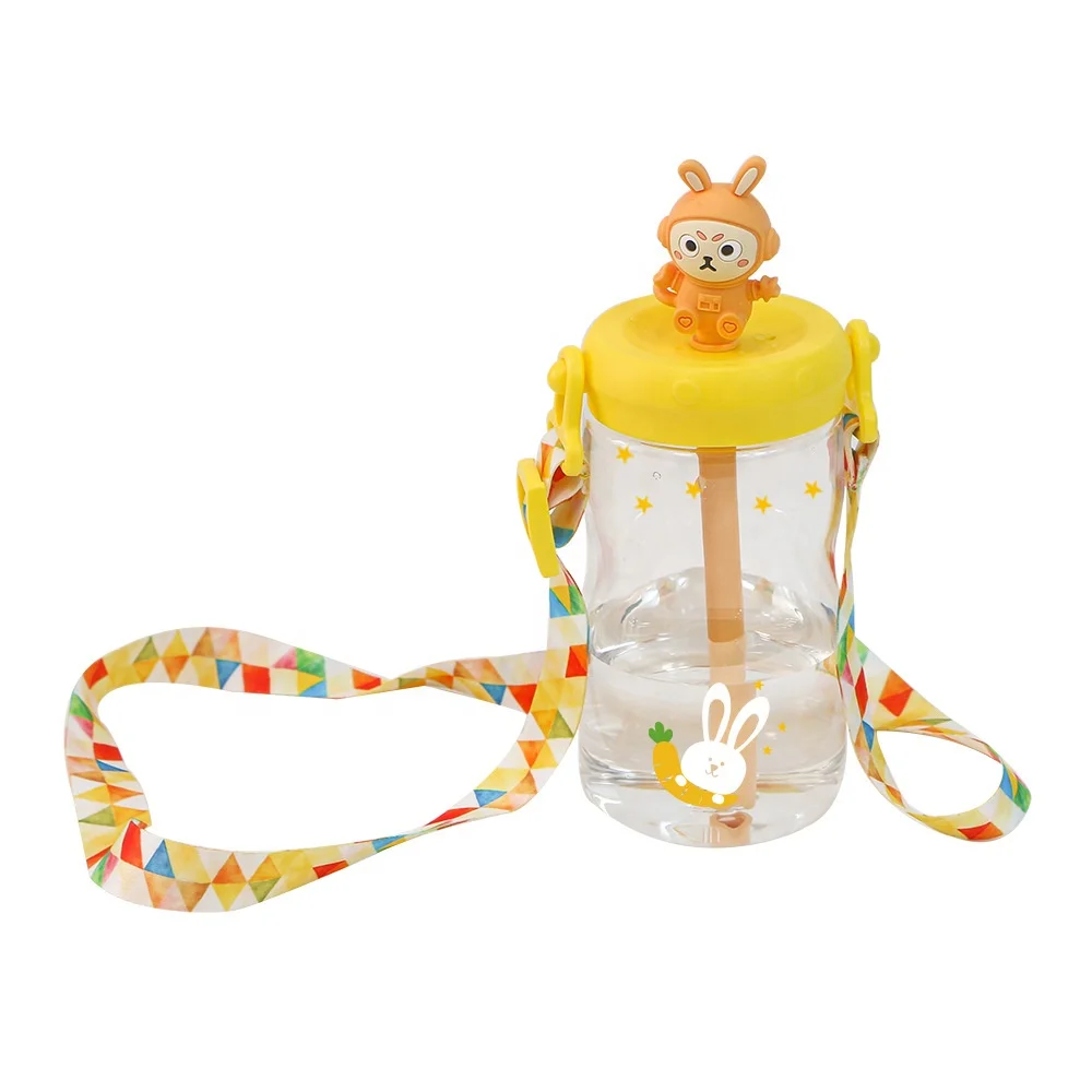 Portable Bpa Free Children Plastic Water Bottles with Straw Sports Silicone Cartoon Rabbit Tritan Kids Water Bottle with Strap