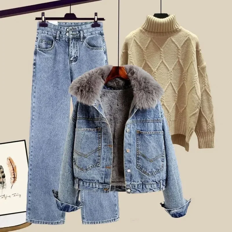 2024 new style outfit plus velvet thickened denim jacket with slim jeans sweater pullover three-piece suit for women
